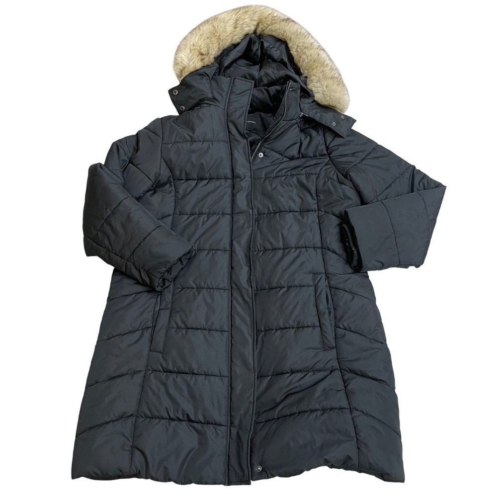 Banana Republic Black Puffer Parka Faux Fur Trim Hood Womens XL Coat NO BELT